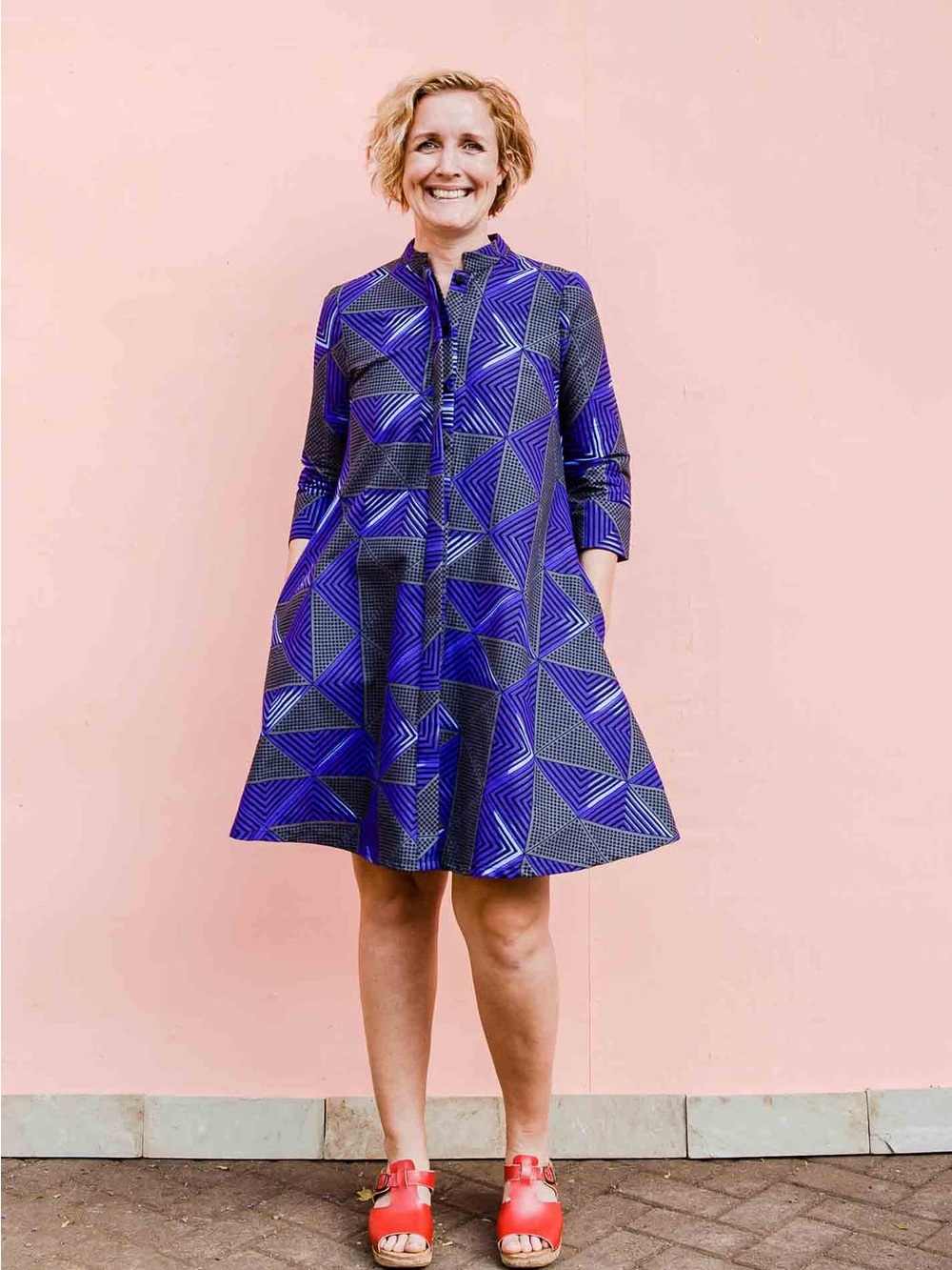 Zuri Standard Dress in Astral Purple & Grey Abstract Print Pockets Handmade LG